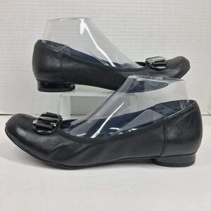 Rose Petals Classics Black Leather Buckle Ballet Flats Low Block Heel‎ 10S 49001